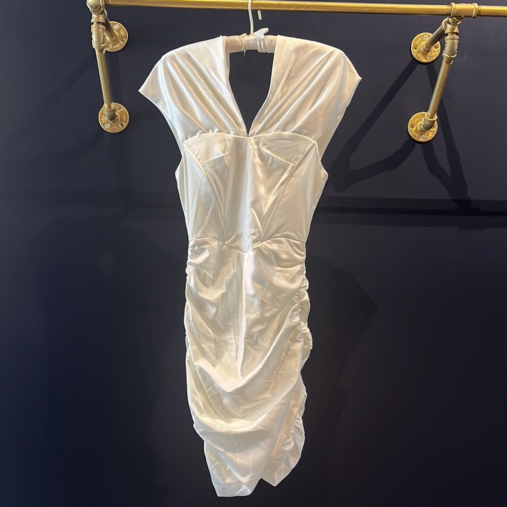 NWT Leau ivory satin ruched mini dress - Picture 3 of 5